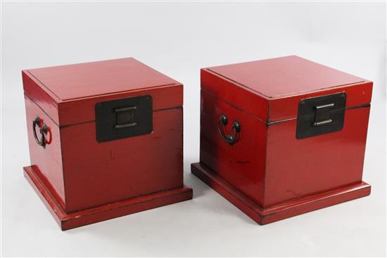 A pair of Chinese red cinnabar lacquered square wedding boxes, W.1ft 10in.